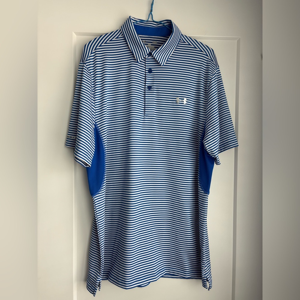 UNDER ARMOR | Blue and White Polo Shirt with Heatgear Technology | Men’s Size L
